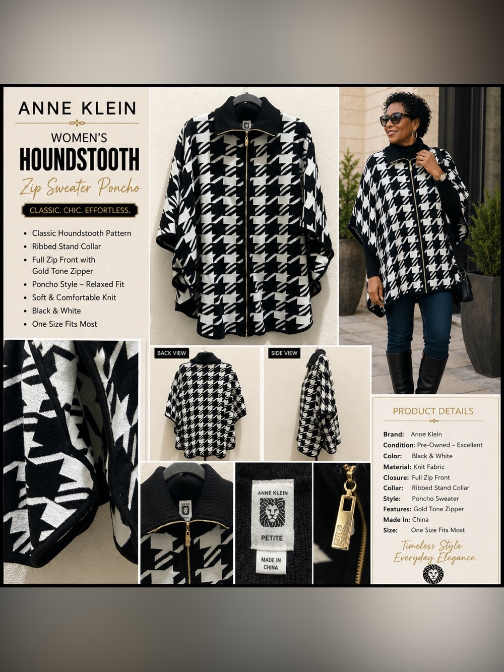 Anne Klein Black & White Houndstooth Zip Poncho